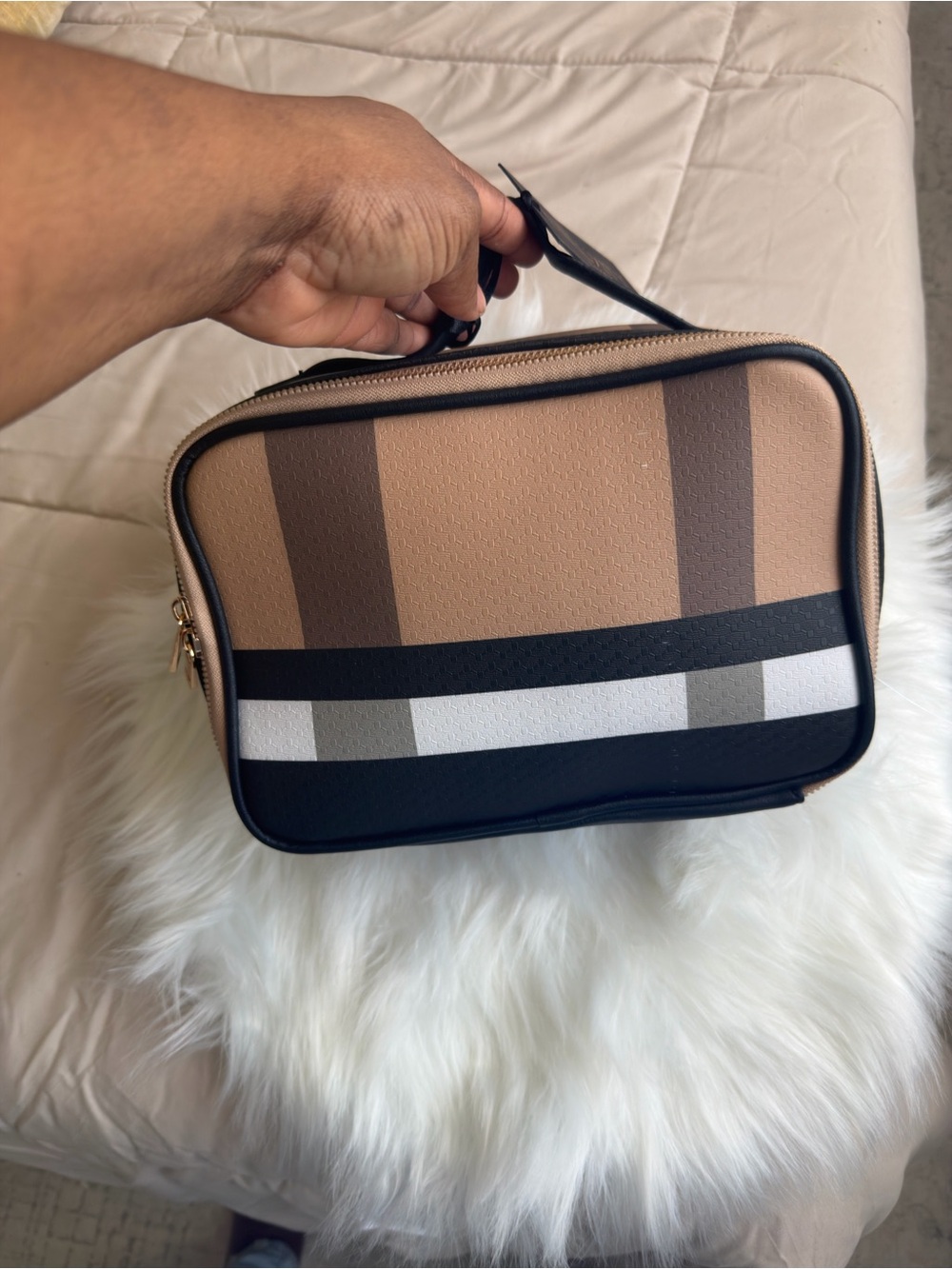 Burberry Beige, Black and White Striped Cosmetic Case